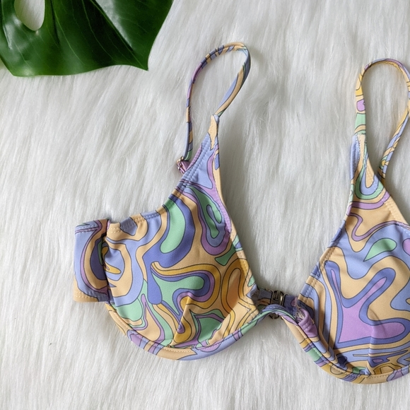 Abstract pattern purple green and yellow push up bikini top size L - Picture 2 of 10
